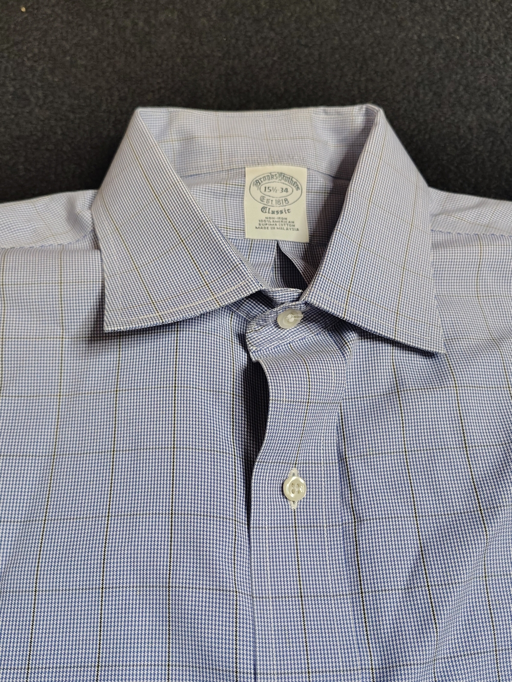 Brooks Brother Classic Blue Brown CheckerShirt Button Up Non Iron Men's 15.5-34